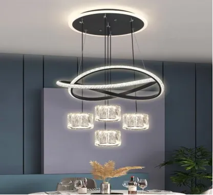 Chandelier, Modern Dining Room Led Chandelier Round Minimalist Linear Nordic Restaurant Lighting Living Hanging Lamp (Black)
