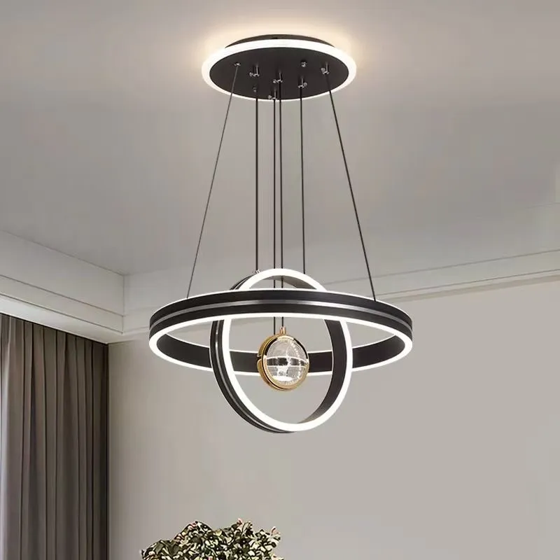 Modern Luxury ABS Iron Aluminium Acrylic Silica Round LED Chandelier For Dining Room (Black)