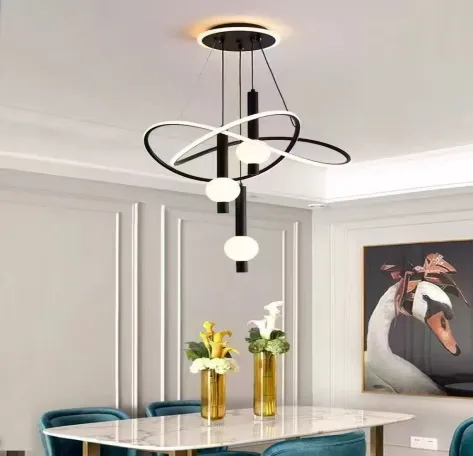 Becailyer Modern Chandeliers for Dining Room, 19.69in LED Dimmable Kitchen Pendant Lamp, Black Ceiling Pendant Light Fixtures Over Table, Globe Ring Chandeliers for Living Room Bedroom Staircase (Black)